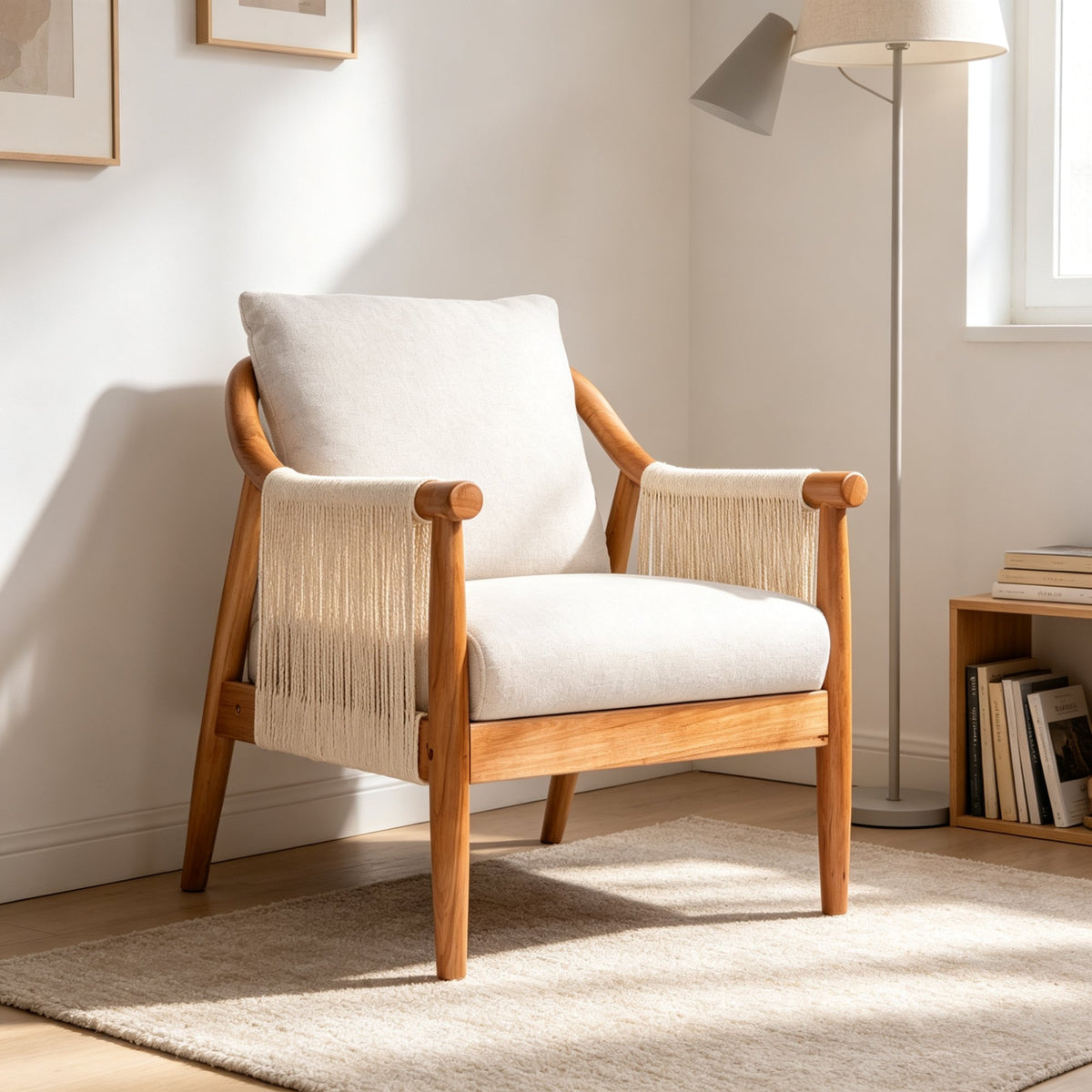Accent Chair, Solid Hardwood Frame with Hand-Woven Paper Rope Arm, Mid-Century Modern Armchair with Soft Linen-Blend Cushion, Natural Wood Finish for Living Room, Bedroom, Reading Nook, Entryway