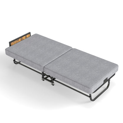 78"×31" Folding Bed with Headboard & USB Charging Station, 3" Memory Foam Rollaway Bed with Storage Pocket, Heavy-Duty Portable Guest Bed on Wheels, Ideal for Guests, Office Naps & Camping
