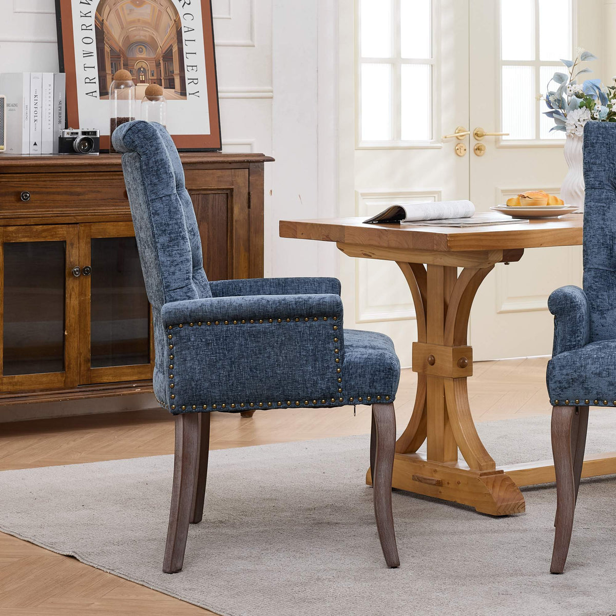 Upholstered Chenille Fabric Accent Dining Chair, Curved Solid Wood Legs, Elegant Tufted Club Dining Room Kitchen Room Arm Dining Chair – Blue