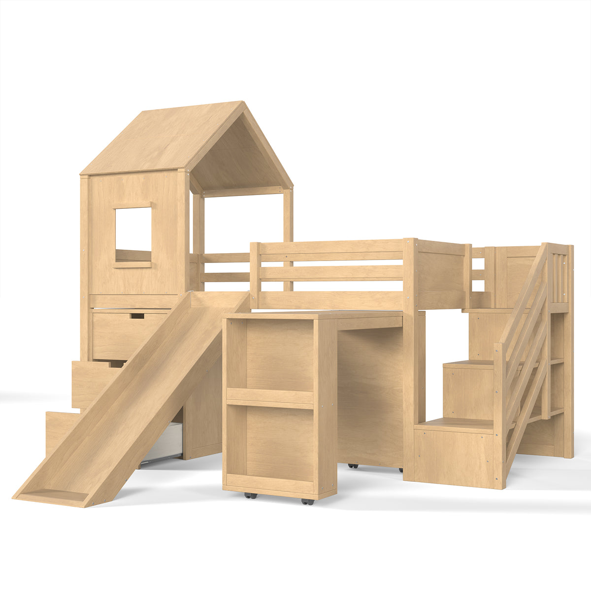 Twin Playhouse Loft Bed with Integrated Storage Drawers, Open Stair Shelves & Pull Out Desk, Kids Low House Loft Bed with Slide and Play Window, Natural