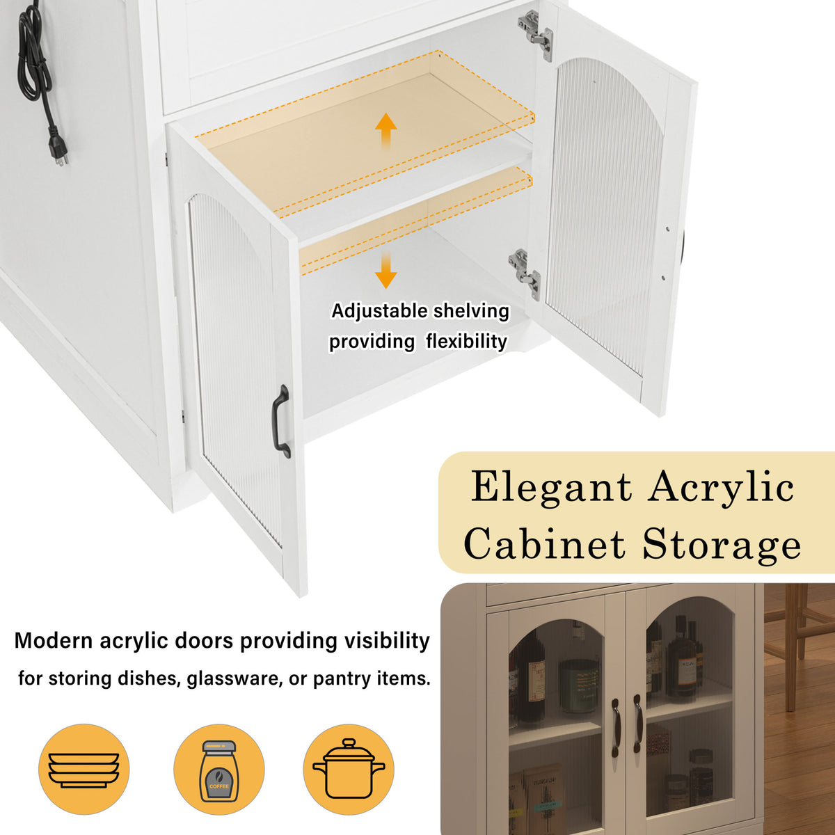 U_STYLE Extendable Counter Table with Wheels,Bar Table with Built-in Power Outlet,Farmhouse Wine Cabinet with Double-Sided Drawers,Suitable for Kitchen & Home Bar (Chairs Not Included)