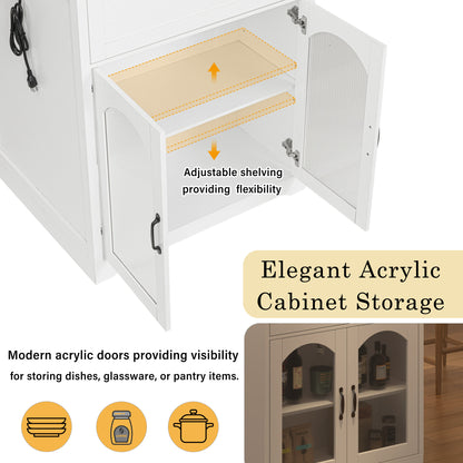 U_STYLE Extendable Counter Table with Wheels,Bar Table with Built-in Power Outlet,Farmhouse Wine Cabinet with Double-Sided Drawers,Suitable for Kitchen & Home Bar (Chairs Not Included)