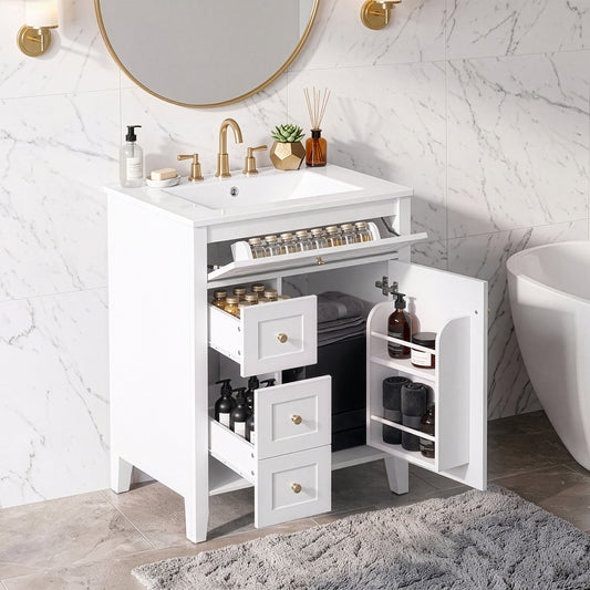 24" Modern Bathroom Vanity with Ceramic Sink, Metal Handles, Soft-Close Door, Storage Rack, Painted Surface Finish, White