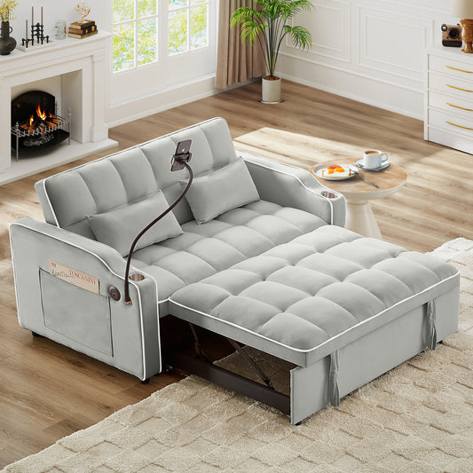 Versatile Foldable Double Seat Recliner,Comfortable Velvet Pull-Out Sleeper Sofa Bed with Side Pockets,USB Port,Swivel Phone Stand, Ashtray and Adjustable Backrest