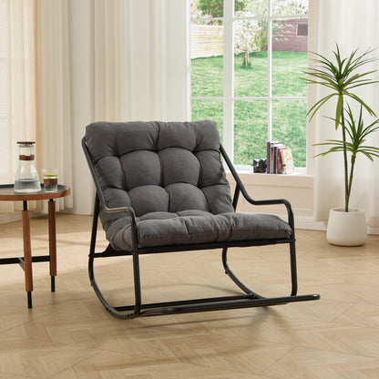 Outdoor Rocking Chair, Comfy Cushion, with Soft Thick Cushion, Reading Room, Black Frame with Grey Cushion