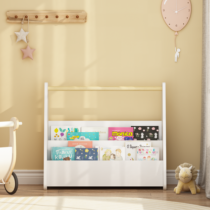 Kids Bookshelf with Wooden Handle, 2-Tier Front-Facing Toddler Bookcase, Portable Children's Book Storage Organizer, or Classroom, White