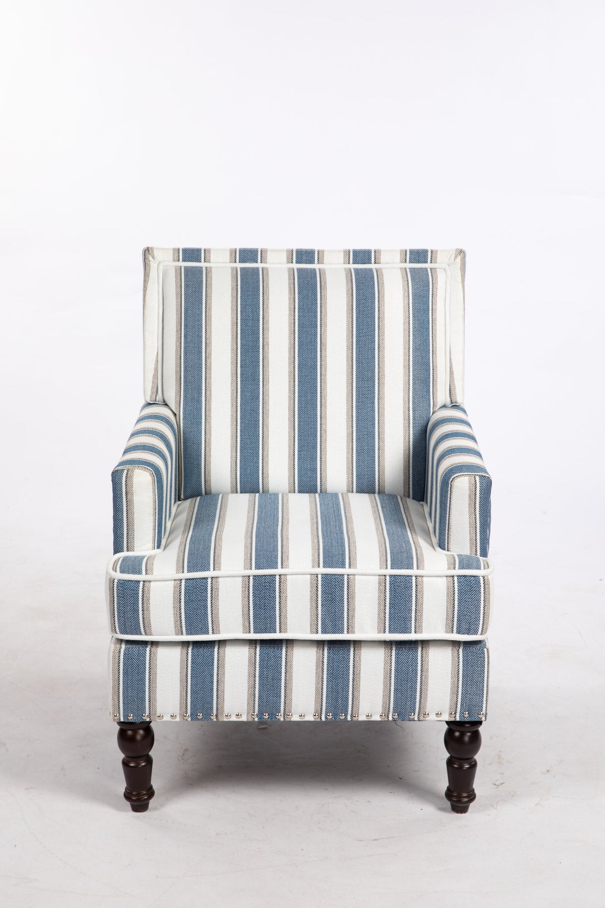 Upholstered Accent Chair, Vintage Armchair with Solid Wood Legs, Blue and White Striped Linen Fabric and Nailhead Trim for Living Room