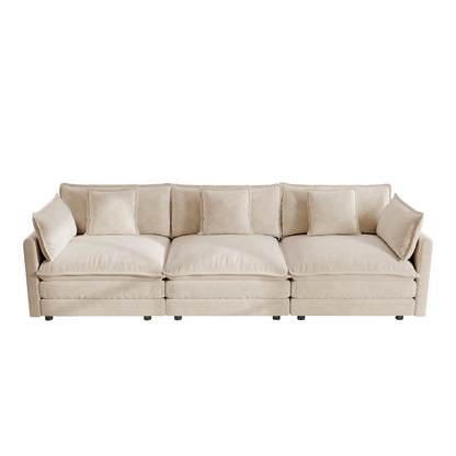 Mid-Century Modern Couch 3-Seater Sofa with 2 Armrest Pillows and 3 Toss Pillows, Couch for Living Room Light Coffee Chenille