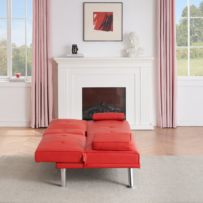 67-inch Red Leather Multifunctional Double Folding Sofa Bed with Coffee Table for Office Use