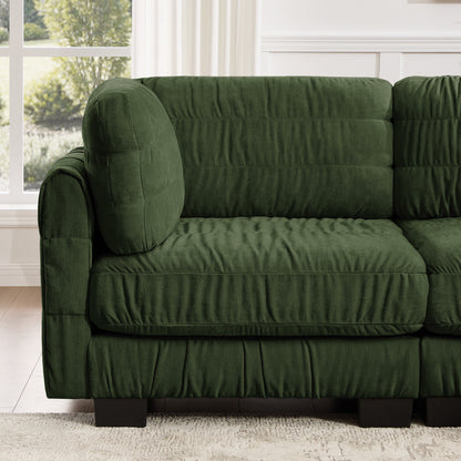 3 Seat Ruched Detailing Chenille Modular Sectional Sofa,Movable 2 Ottomans,High-Density Foam,L Shape Thickened  Back Cushions,Easy Assembly,For Living Room,Bedroom,Green