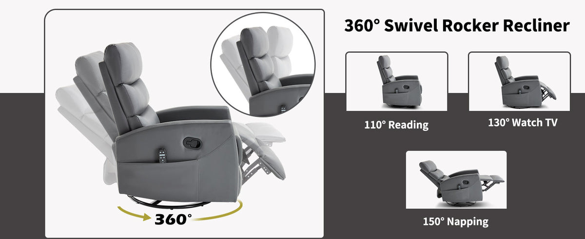 Heat Massage Manual Recliner Chair with Rocker and Swivel in Fabric, Grey – Model W3224P322245