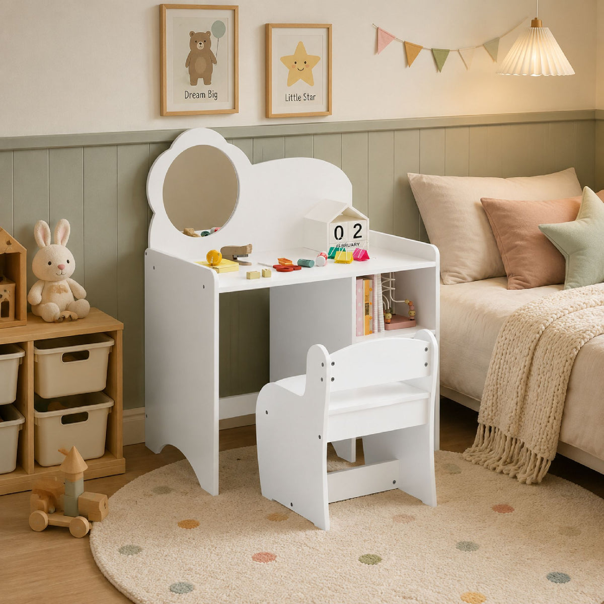 Kids Vanity Table with Mirror and Chair, Wooden Children's Dressing Makeup Desk with Storage Shelves