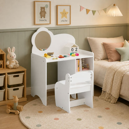 Kids Vanity Table with Mirror and Chair, Wooden Children's Dressing Makeup Desk with Storage Shelves