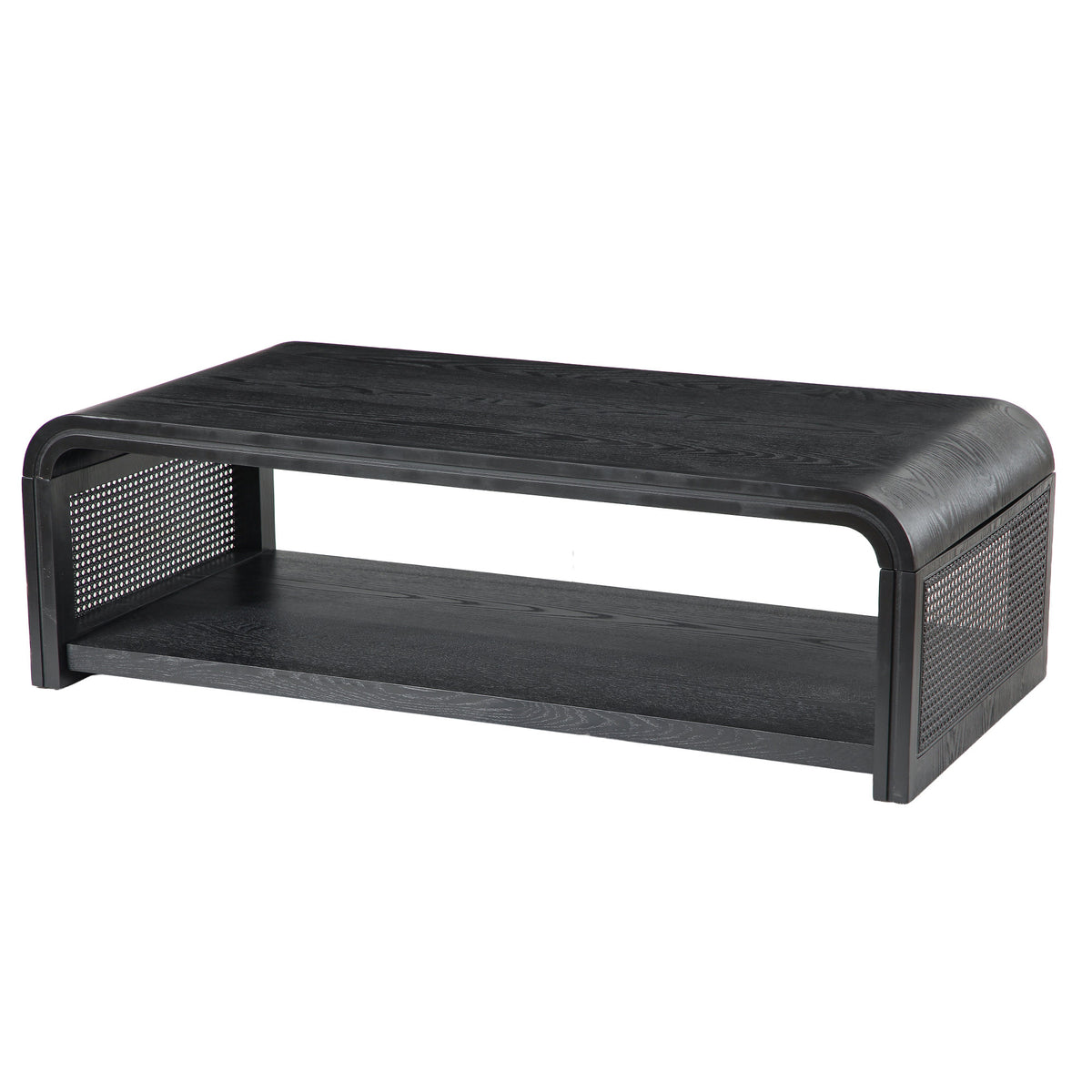 Curved Rectangular Coffee Table with Rattan Sides, 2-Tier Storage Wooden Center Table,Boho Farmhouse Low Tea Table,suitable for Living Room,Apartment, Home Decor,Black