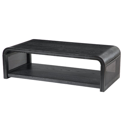 Curved Rectangular Coffee Table with Rattan Sides, 2-Tier Storage Wooden Center Table,Boho Farmhouse Low Tea Table,suitable for Living Room,Apartment, Home Decor,Black