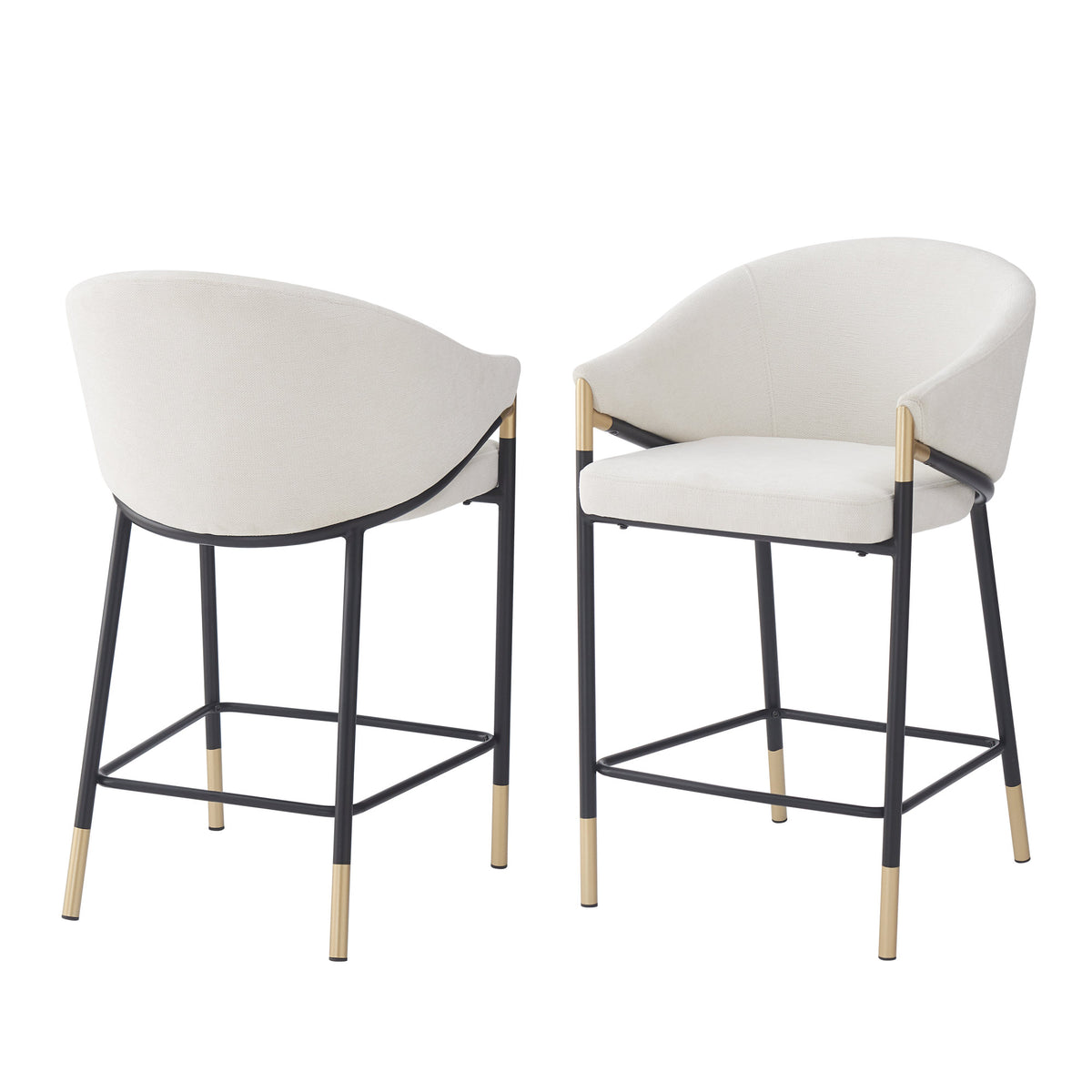26" Seat Height, Modern Counter Stool with Curved Armrests & Gold Accents - Soft Beige Fabric, Black Metal Frame, Set of 2