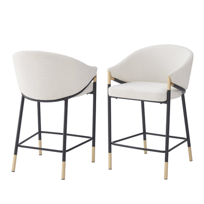 26" Seat Height, Modern Counter Stool with Curved Armrests & Gold Accents - Soft Beige Fabric, Black Metal Frame, Set of 2