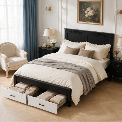 Queen size Rustic farmhouse-style furniture, sturdy frames, noise-free design, under-bed storage space, easy assembly, white + black.