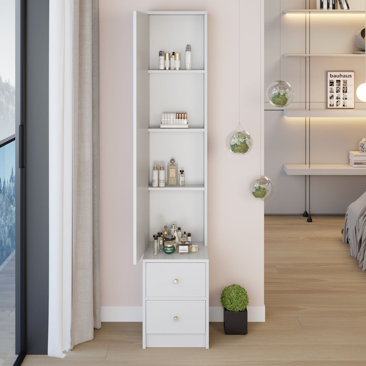 Simple Stylish Dressing Mirror Cabinet, Cosmetic Organizer Cabinet, Jewelry Cabinet, Extra Large Full Body Mirror, Multi Layer High Capacity Storage, 11.8" x 15.7" x 63", EPA, GCC, UL Certificate