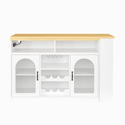 U_STYLE Sideboard with Extendable Tabletop and Wine Rack, Counter Height Bar Table with Color LED Lighting and Left-side Power Outlet, Mobile Farmhouse Wine Cabinet Cart on Wheels (Chairs Not Included