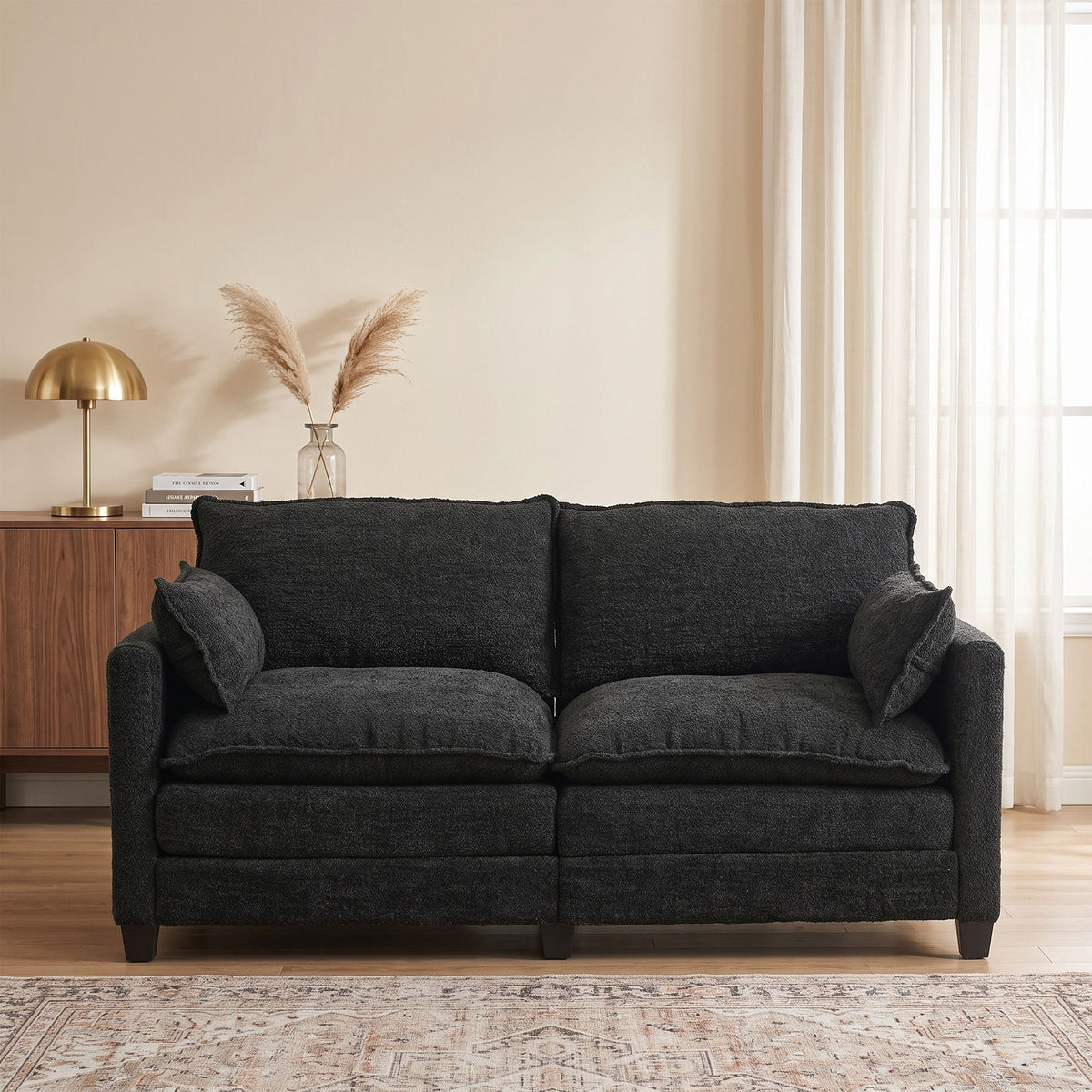 Loveseat Sofa with Cloud 2-Layer Cushion & 27" Deep Seat, Modern Black Couch with 2 Washable Pillows for Small Spaces, Bedroom, Apartment, Office, Living Room
