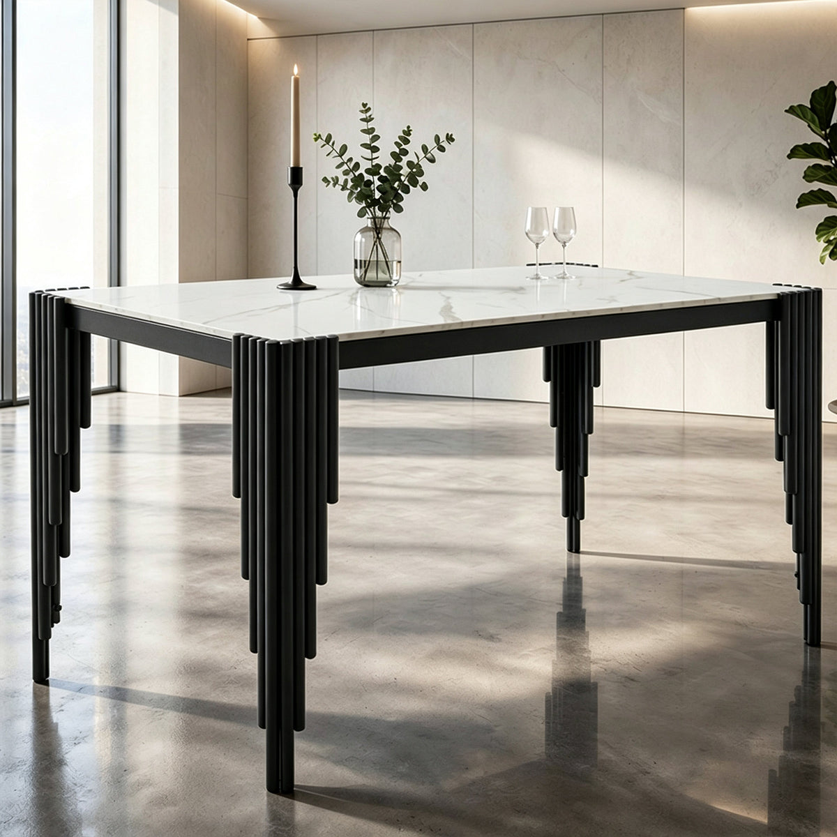 Modern 49" Rectangular Dining Table, White Marble-Look MDF Top with Black Metal Legs, Space-Saving Kitchen Desk for Small Apartments, Easy Assembly