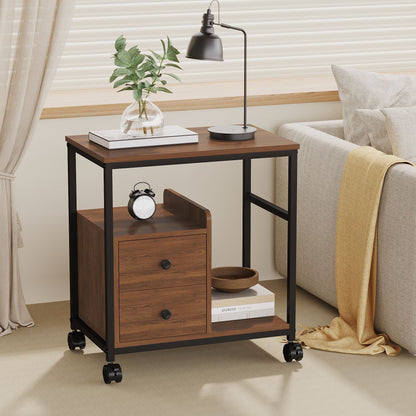 End Table with Wheels & Storage Drawers, Side Table,  Nightstand, Stable Metal Frame, Wood Top, for Bedroom Kitchen Living Room and Office, 14.9"D x 23.6"W x 25.7"H