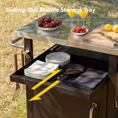 K&K 39.5" Outdoor Grill Cart with Storage Cabinet, Outdoor Bar Cart Pizza Oven Table with Wheels, Stainless Steel Top
