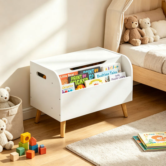 Wooden Toy Box, Kids Toy Storage Organizer with Front Bookshelf, Flip-Top Lid, Safety Hinge - White