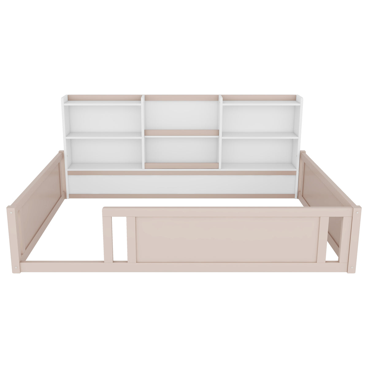 Full Size Wooden Platform Floor Bed with Guardrail Fence and Convenient Side Storage Shelves, Space-Saving Kids Bed Frame,Nude and White