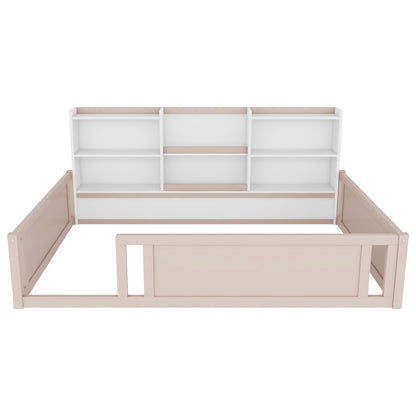 Full Size Wooden Platform Floor Bed with Guardrail Fence and Convenient Side Storage Shelves, Space-Saving Kids Bed Frame,Nude and White