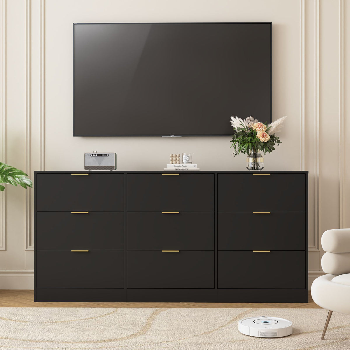Black 9 Drawer Dresser, 63" Large Deep Chest of Drawers, Wooden Dresser Storage Cabinet with 9 Drawers, Long Dressers