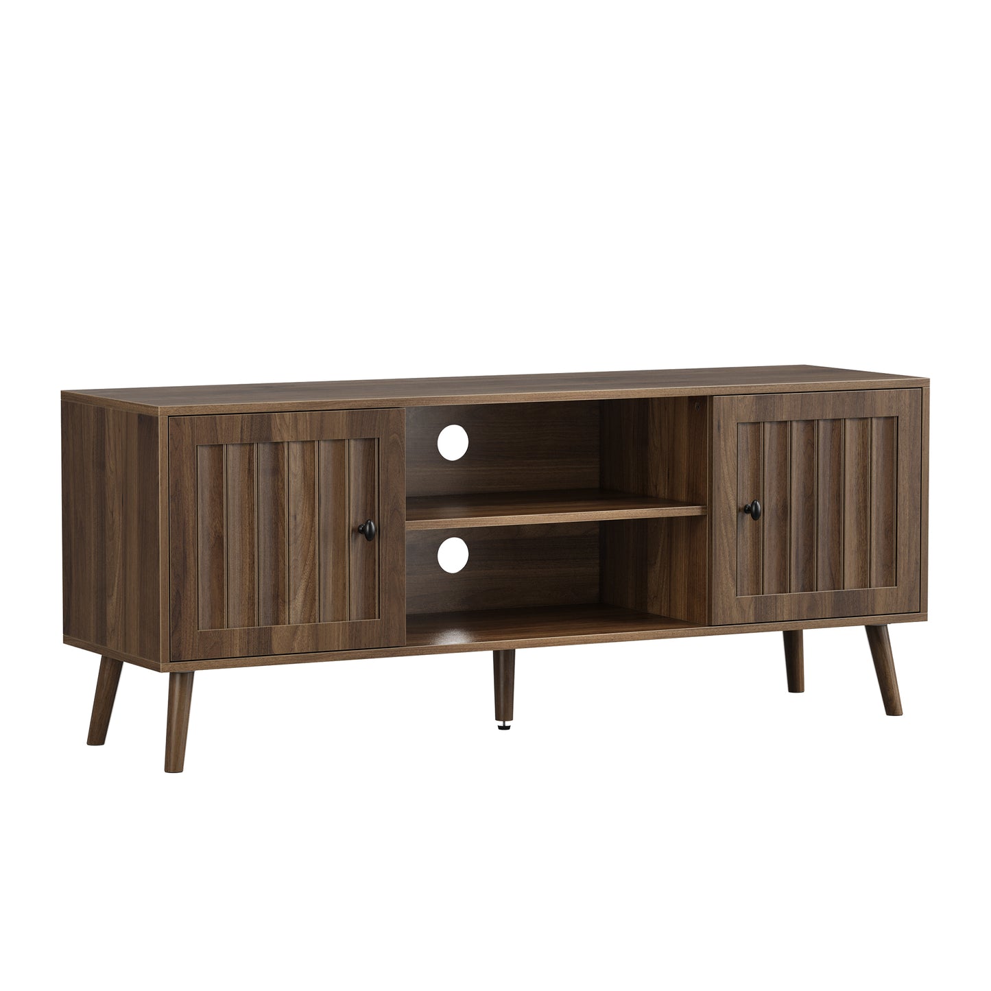 Mid-Century Modern 55-inch Wooden TV Cabinet with Vertical Groove Doors, Adjustable Shelves, Walnut Finish