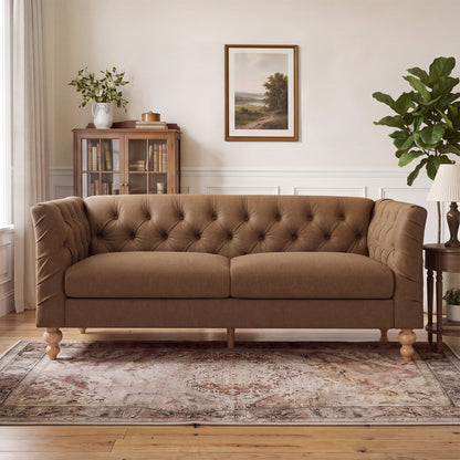 73.5'' Chesterfield Sofa PU Upholstered Couch with Flared Arms, Tufted Back & Natural Rubberwood Legs Multi Cushion Seat Sofa for Living Room and Home Lounge, Brown