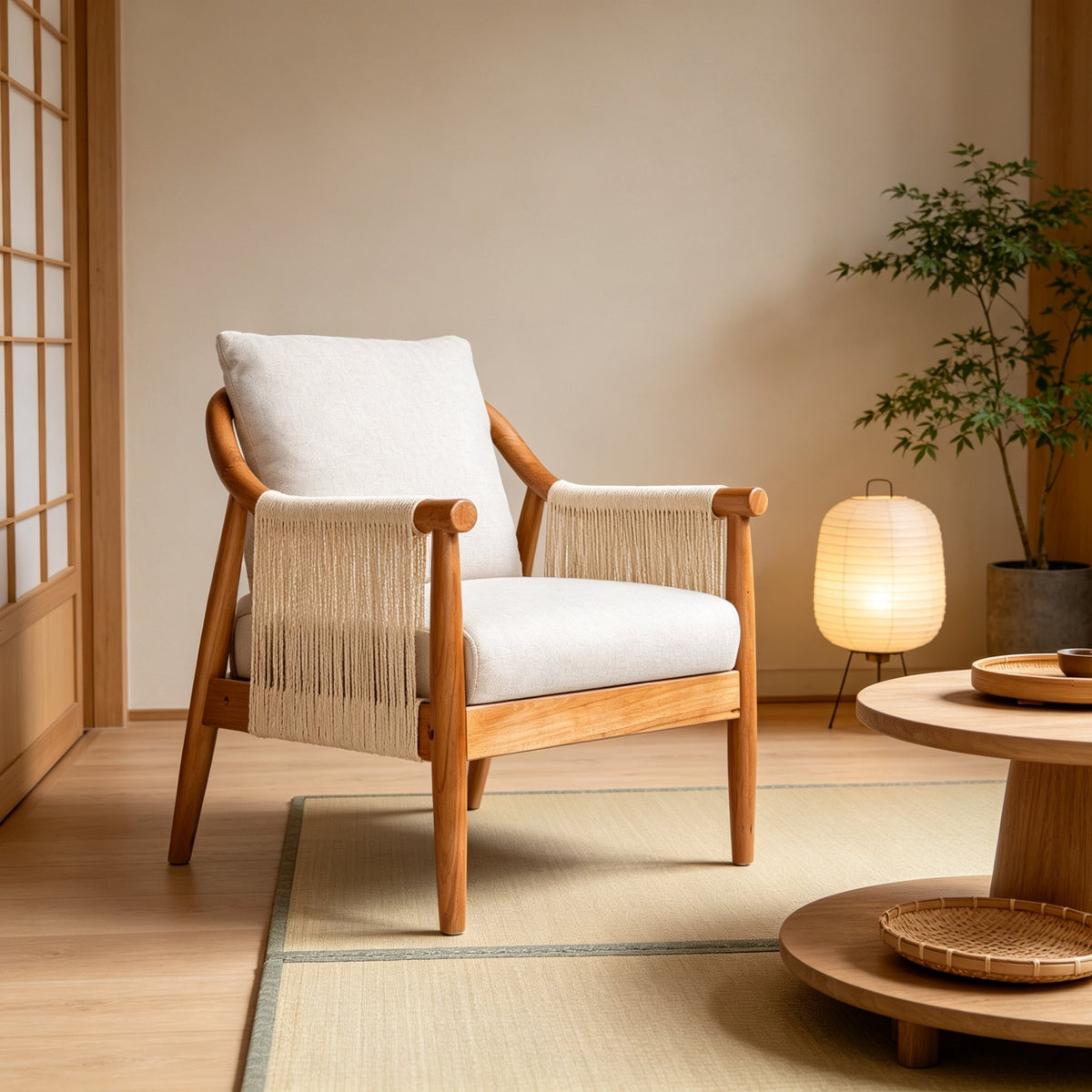 Accent Chair, Solid Hardwood Frame with Hand-Woven Paper Rope Arm, Mid-Century Modern Armchair with Soft Linen-Blend Cushion, Natural Wood Finish for Living Room, Bedroom, Reading Nook, Entryway