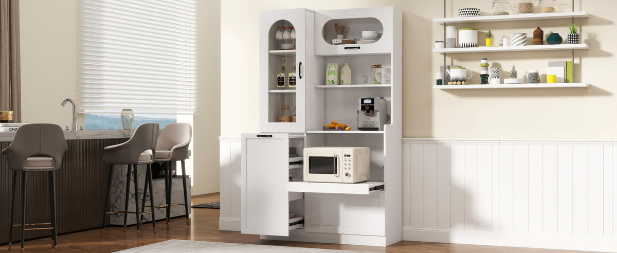 TREXM Tall Freestanding Kitchen Pantry Cabinet with Arched Glass Door, Flip-Up Cabinet Door, Pull-Out Shelves & Drawer, Adjustable Shelves, Storage Cupboard for Kitchen Dining Room (White)