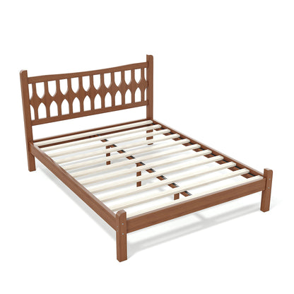 Full Size Bamboo Platform Bed with Diamond-shaped headboard, Solid Bamboo-made Bed Frame with Support Slats, for Bedroom, Guest Rooms, Brown