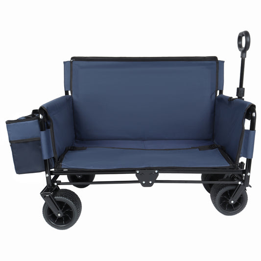 3-in-1 Folding Wagon Cart with Bench Seat & Storage, patent protection- Includes 1 ice pack, 500lbs Heavy-Duty, 180L Capacity All-Terrain Wheels for Camping, Beach, Sports, Garden, dark blue