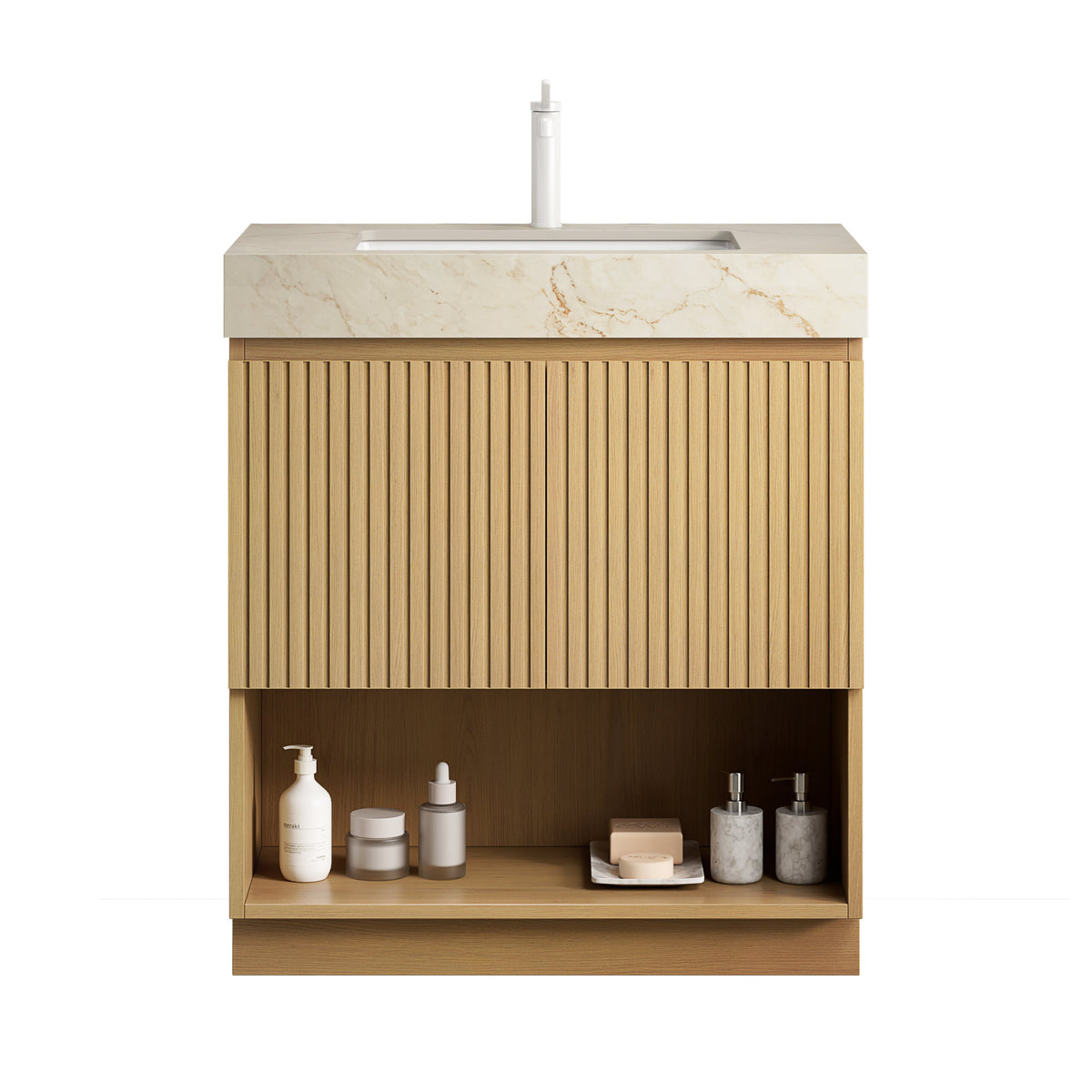 FINO 30" Bathroom Vanity&Sink,Freestanding Cabinet,Cream Gold Vein Sintered Stone Top&Ceramic Basin with 1 Pre-drilled Faucet Hole, Disassembled, Faucet & Drain Excluded, Corolla Oak Woodgrain Color
