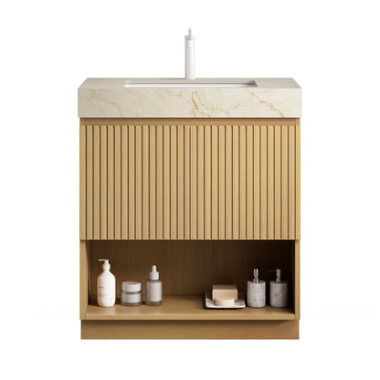 FINO 30" Bathroom Vanity&Sink,Freestanding Cabinet,Cream Gold Vein Sintered Stone Top&Ceramic Basin with 1 Pre-drilled Faucet Hole, Disassembled, Faucet & Drain Excluded, Corolla Oak Woodgrain Color