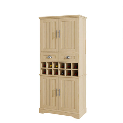 70.9" Tall Farmhouse Wine Storage Cabinet, Removable 12-Bottle Wine Rack, 2 Spacious Drawers, 4 Door Shelves, Adjustable Shelves & 2-Tier Storage Cabinets for Kitchen, Dining Room,Natural