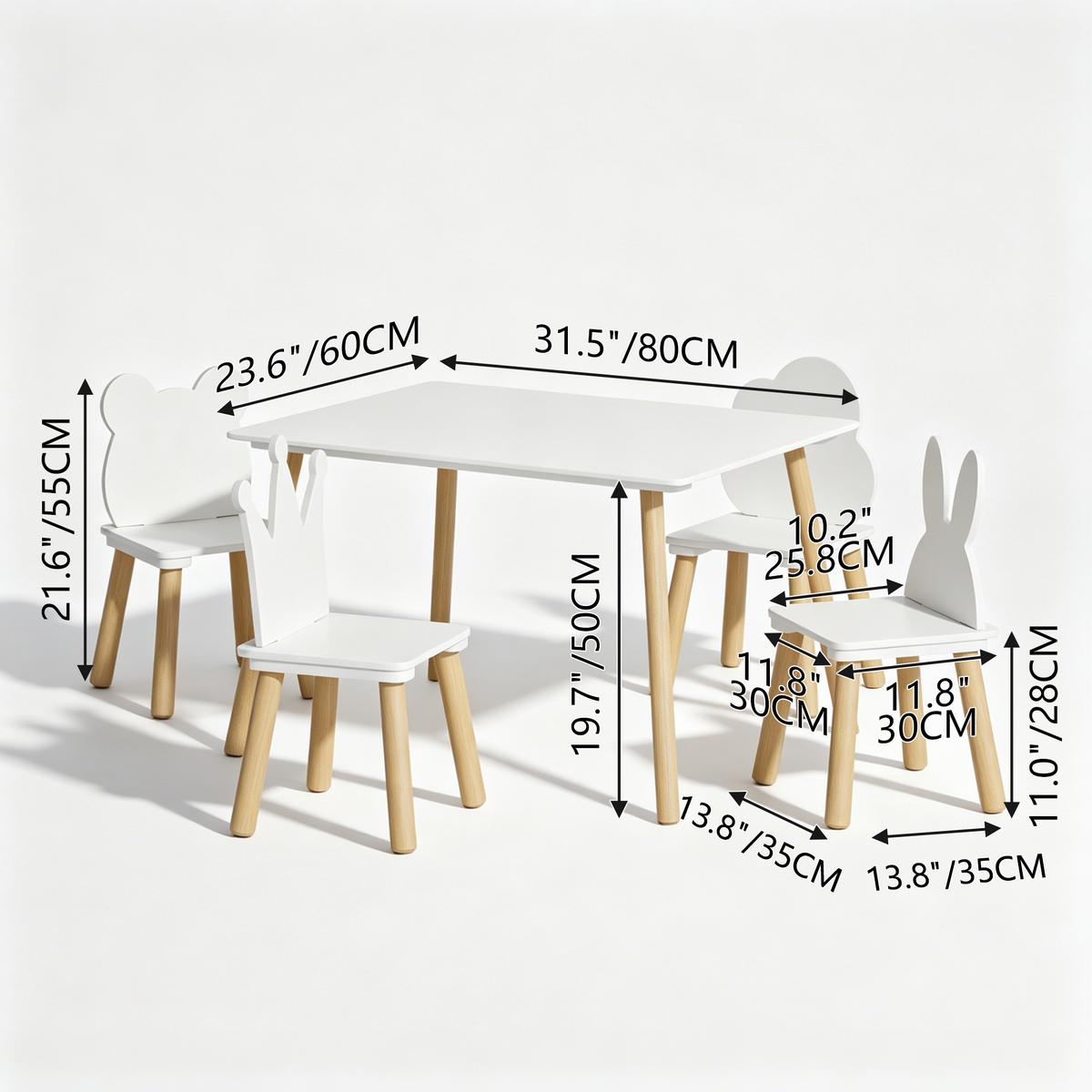 Big Kids Table and 4 Chairs Set, 5 Pieces Toddler Table and Chair Set, Wooden Activity Play Table Set (White)