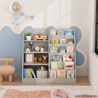 Kids Bookshelf and Toy Storage Organizer, Multifunctional 4 Tier Wooden Kids Book Shelf with Bookcase Display Stand, Children, Toddlers - Gray – Model W808P340216