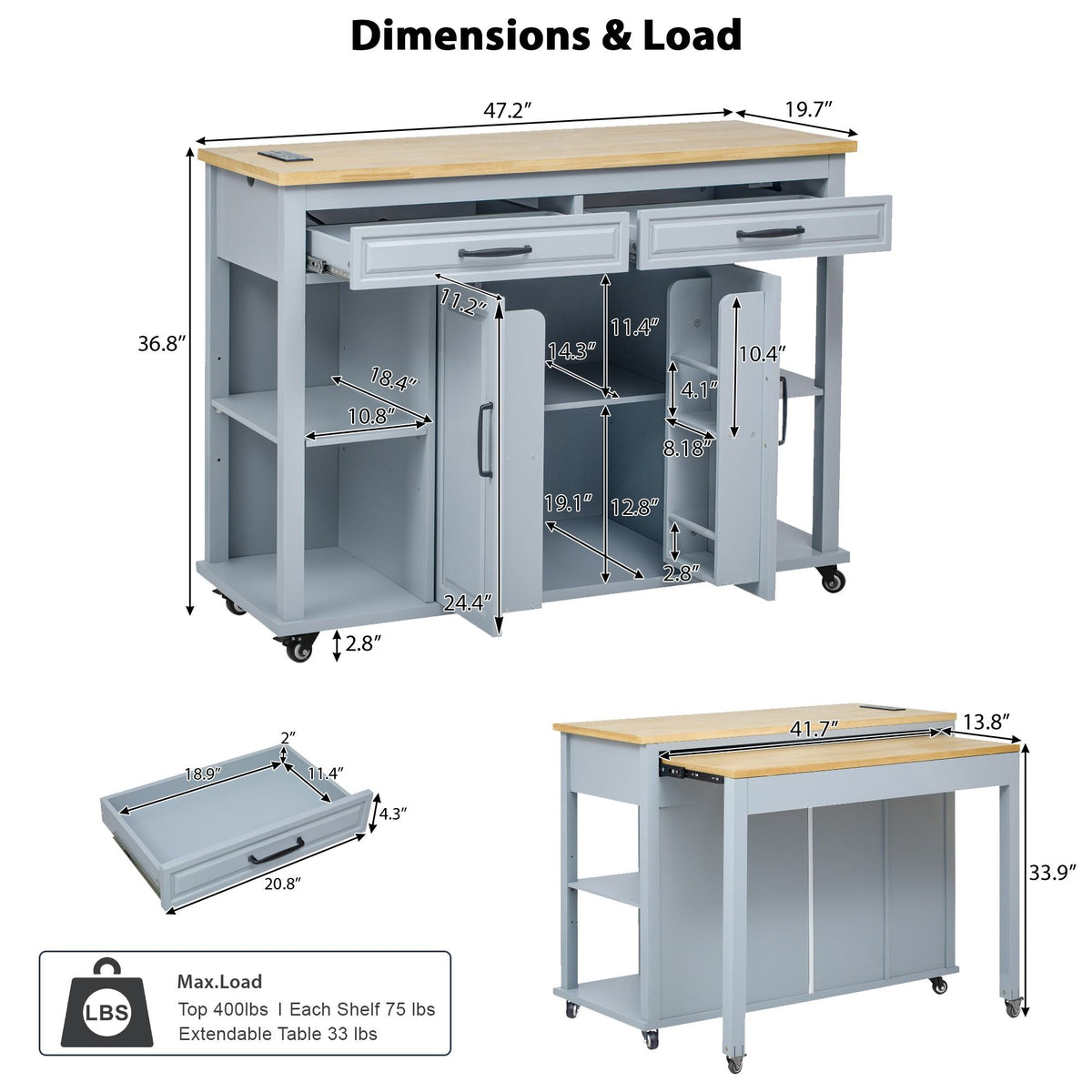 K&K 47 inch Kitchen Island with Extendable Dining Table, Rubber Wood Veneer Kitchen Table with Internal Storage Rack, Power Outlet