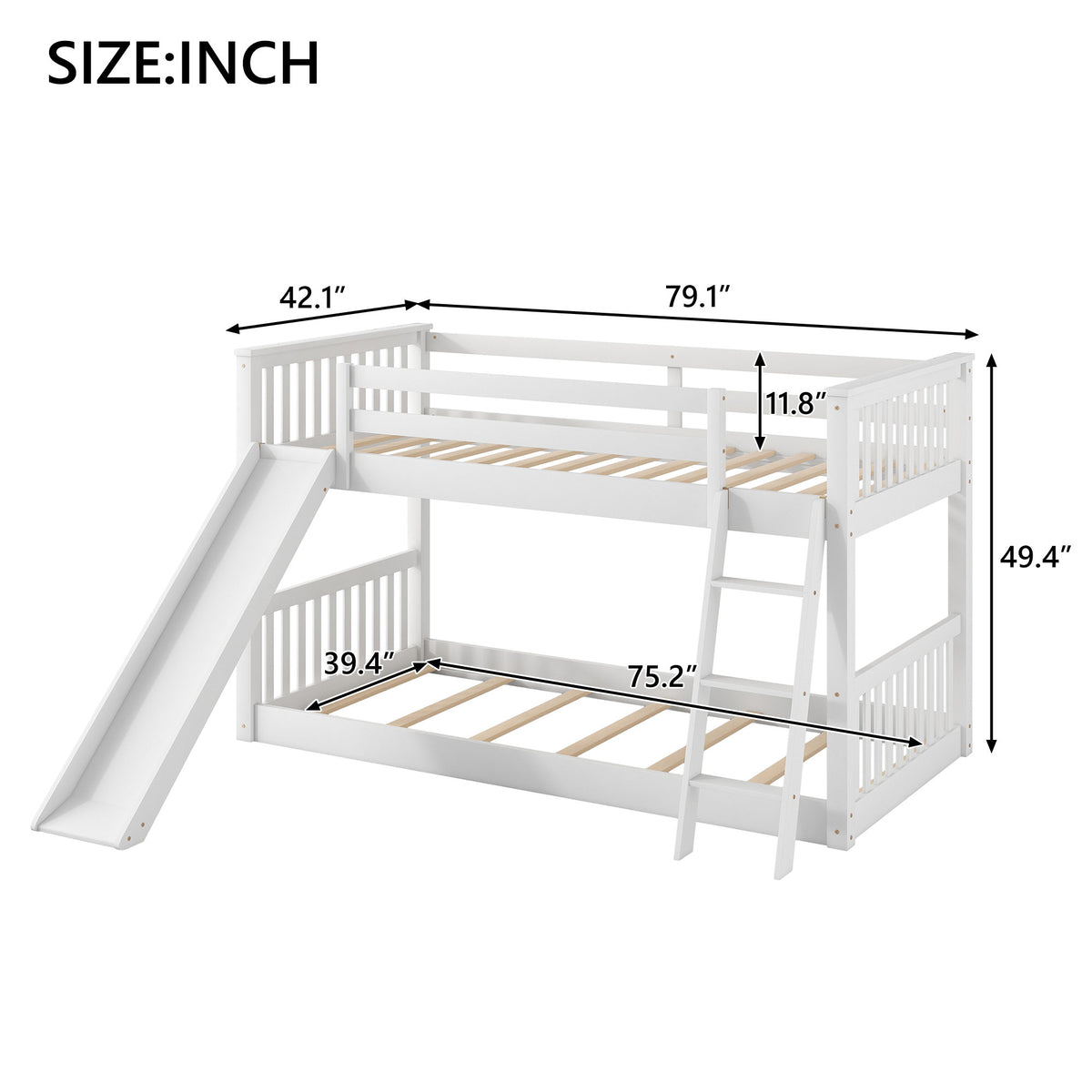 White Twin over Twin Bunk Bed with Convertible Slide and Ladder, Pine Wood, 79.1''L x 42.1''W x 49.4''H