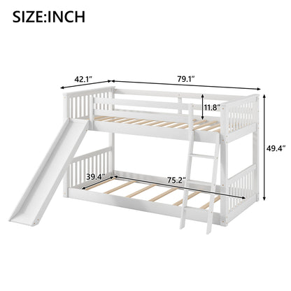 White Twin over Twin Bunk Bed with Convertible Slide and Ladder, Pine Wood, 79.1''L x 42.1''W x 49.4''H