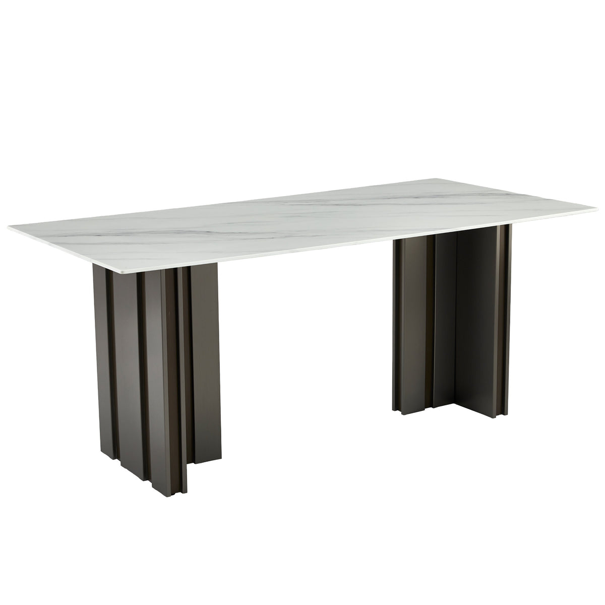 Modern Rectangular Dining Table, Tempered Glass with Marble Texture Top, Matte Gray Brushed Metal Legs, 4-6 Person Capacity, White Marble Finish, 69.30 Inch