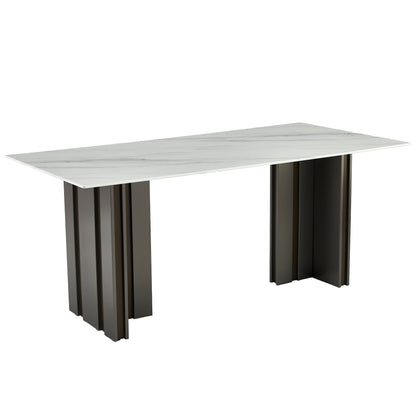 Modern Rectangular Dining Table, Tempered Glass with Marble Texture Top, Matte Gray Brushed Metal Legs, 4-6 Person Capacity, White Marble Finish, 69.30 Inch