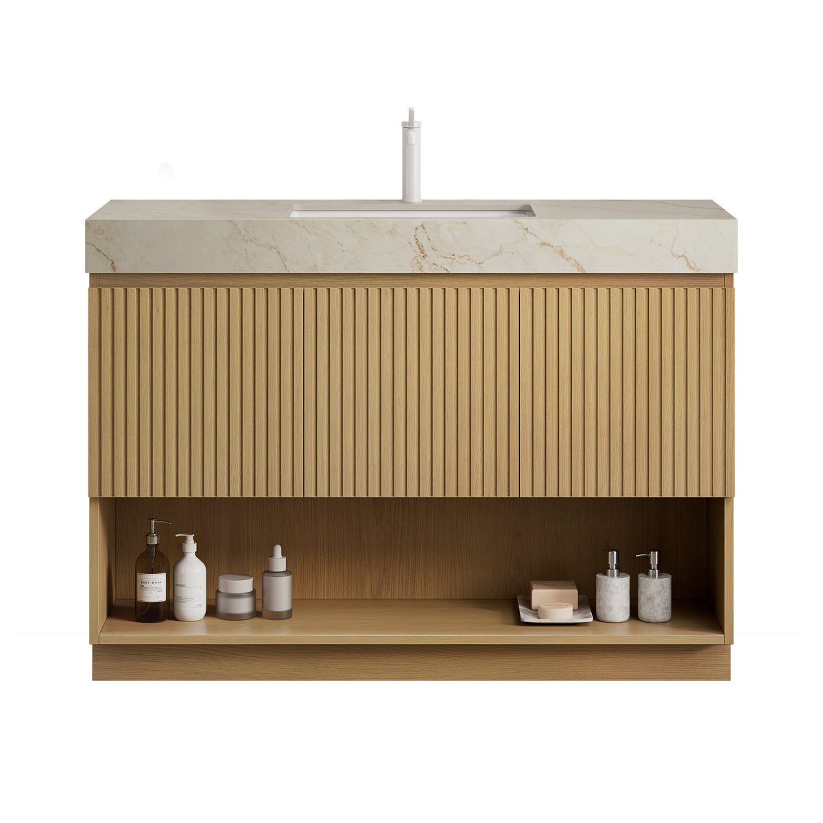 FINO 48" Bathroom Vanity&Sink,Freestanding Cabinet,Cream Gold Vein Sintered Stone Top&Ceramic Basin with 1 Pre-drilled Faucet Hole, Disassembled, Faucet & Drain Excluded, Corolla Oak Woodgrain Color