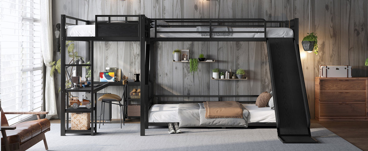 L-Shaped Metal Bunk Bed (Top bed: twin xl, bottom bed: queen) with Single Loft Bed, Desk, and Storage Shelves, USB Charging Port Included - Metal Triple Bunk Bed with Slide,B